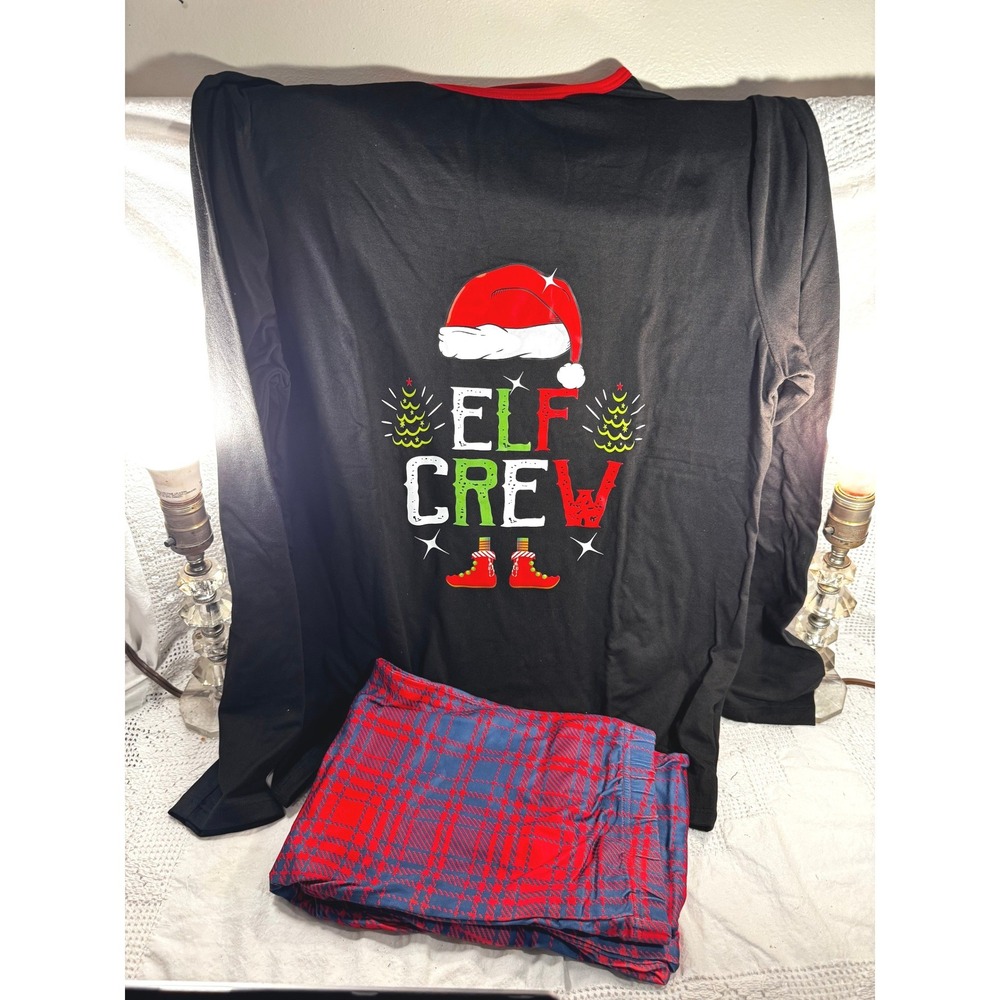 Elf Crew Christmas Pajamas Set Women's Medium Black Red Plaid Holiday PJ